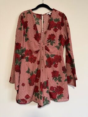 Rose Print Tie-Front romper in Dusty Rose and Red